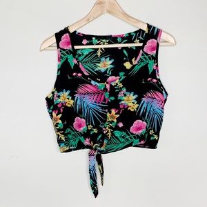 Tropical Floral Sleeveless Front Tie Crop
